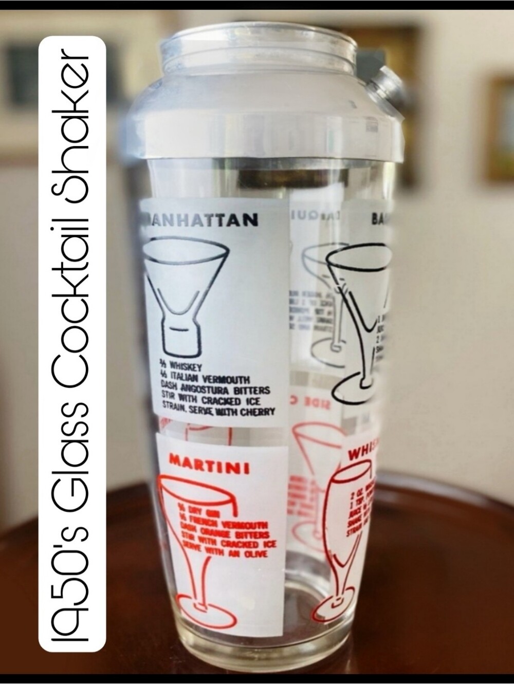 1950s Glass Shaker with Cocktail Recipes And Aluminum Lid
